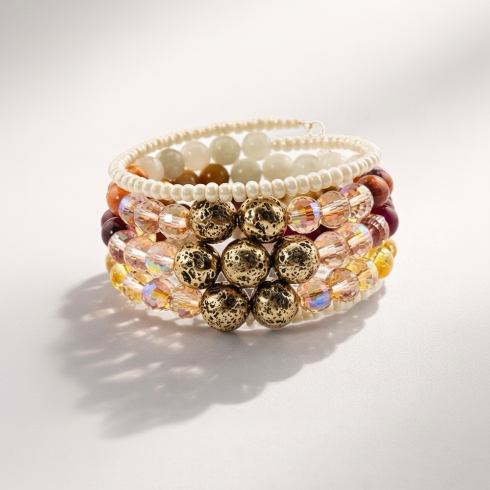 Stackable Beaded Bracelet Set - Cream & Gold - Picture 5 of 6